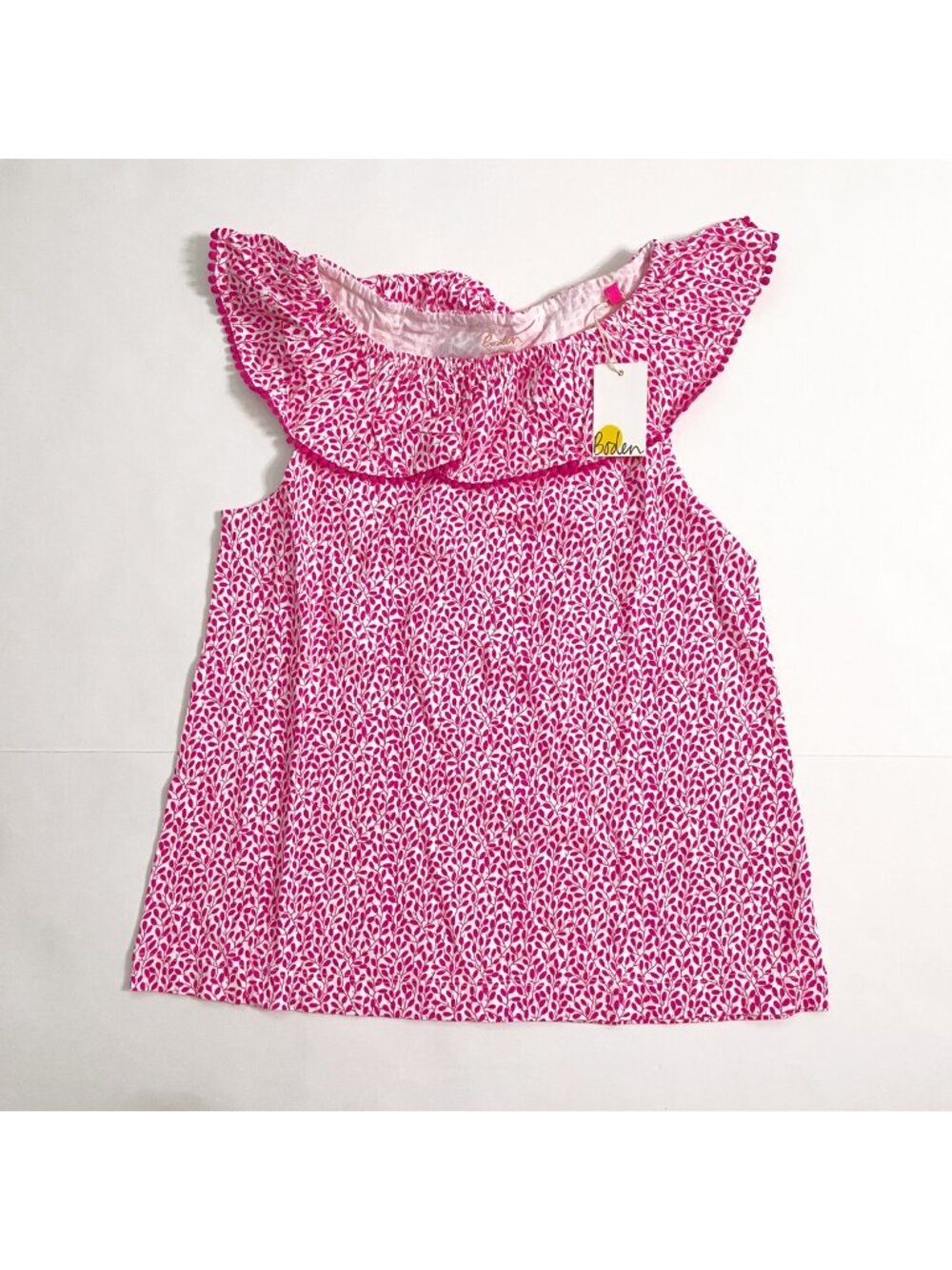 NWT Mini Boden Pink and White Ruffle Shouldered Top, Size 13/14